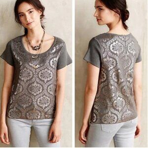𝅺Anthropologie Moth Drawing Room Silver Foil Sweater Top Shirt in Gray Sz M